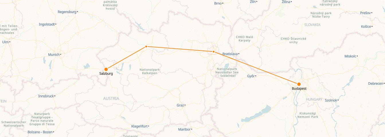 Budapest to Salzburg Railway Map